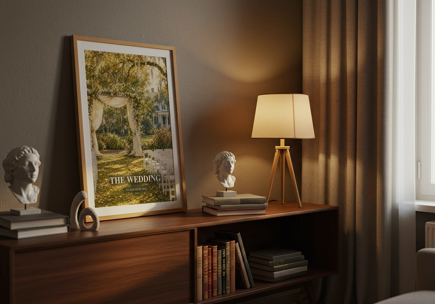 The Wedding watercolour print on bookshelf – Nicholas Sparks fan gift