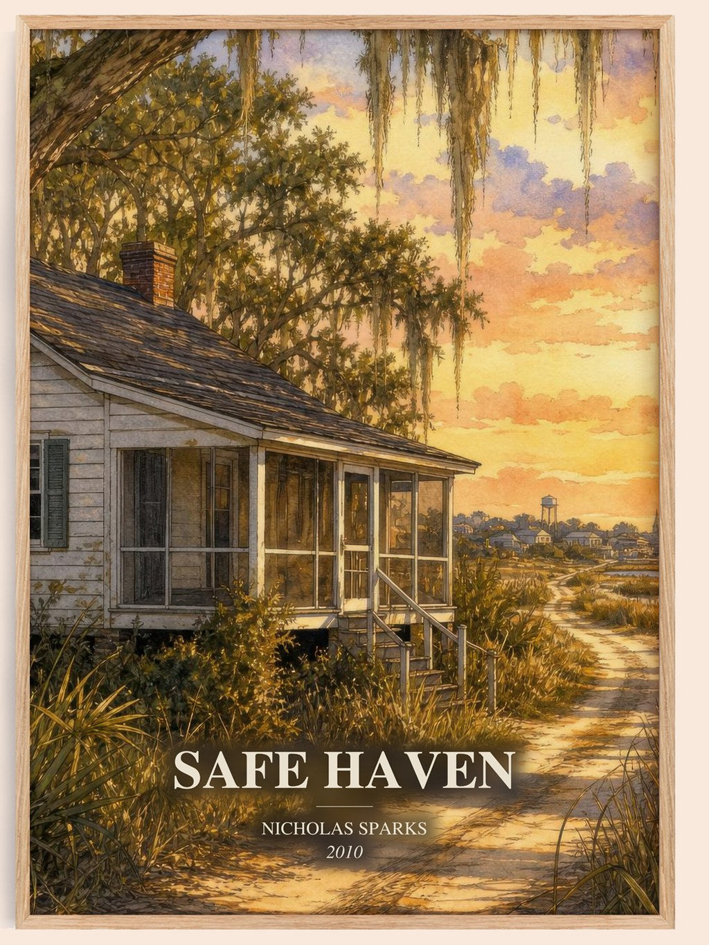 Safe Haven watercolour book poster by Nicholas Sparks – framed literary art print