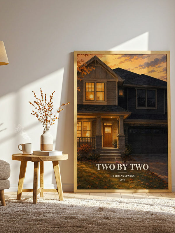 Two By Two watercolour print in frame leaning in hallway – contemporary fiction wall art