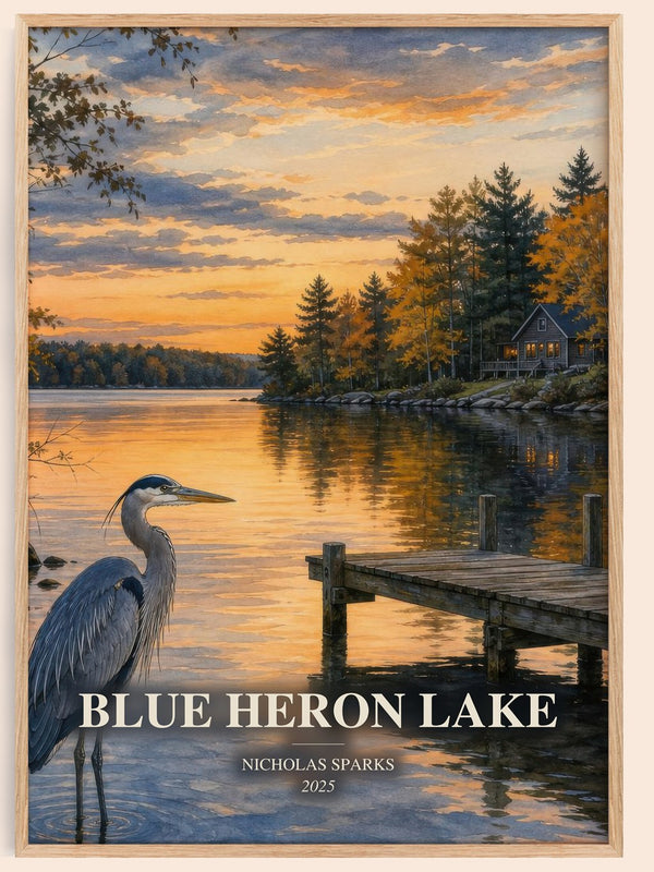 Blue Heron Lake watercolour book poster by Nicholas Sparks – framed literary art print