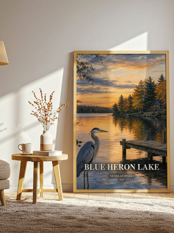 Blue Heron Lake watercolour print in frame leaning in hallway – romance wall art