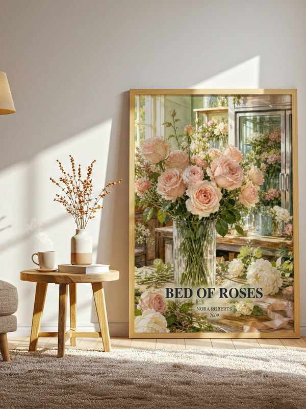 Bed Of Roses watercolour print in frame leaning in hallway – romance wall art