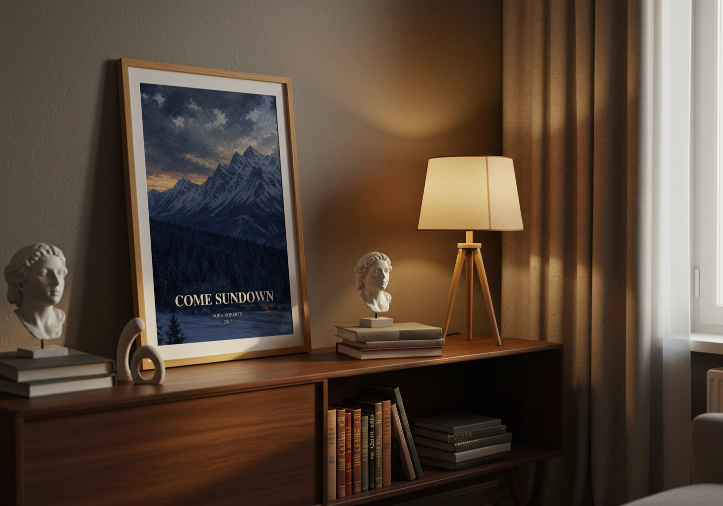 Come Sundown watercolour print on bookshelf – Nora Roberts fan gift