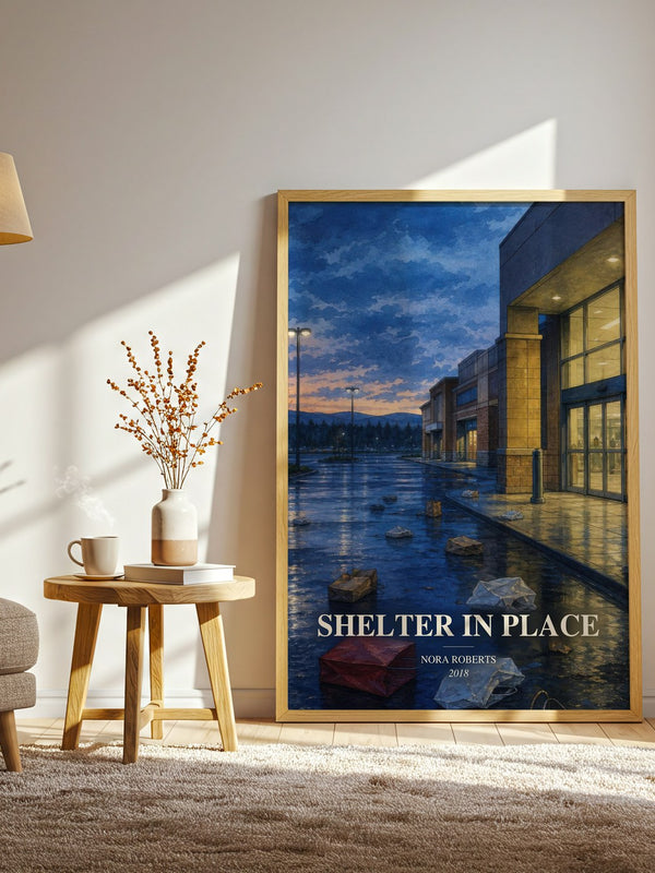 Shelter In Place watercolour print in frame leaning in hallway – thriller wall art
