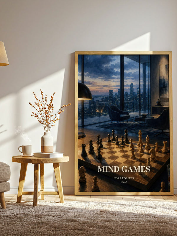 Mind Games watercolour print in frame leaning in hallway – thriller wall art