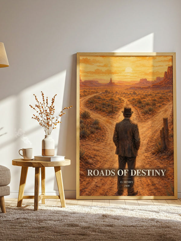 Roads Of Destiny watercolour print in frame leaning in hallway – classic literature wall art