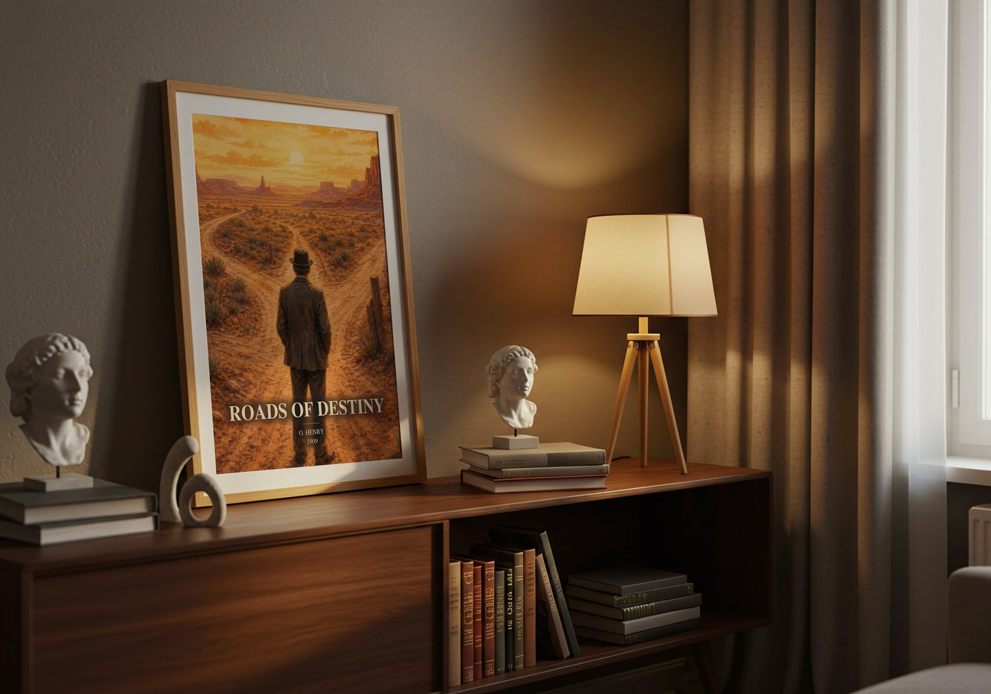 Roads Of Destiny watercolour print on bookshelf – O. Henry fan gift