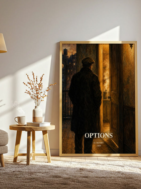 Options watercolour print in frame leaning in hallway – classic literature wall art