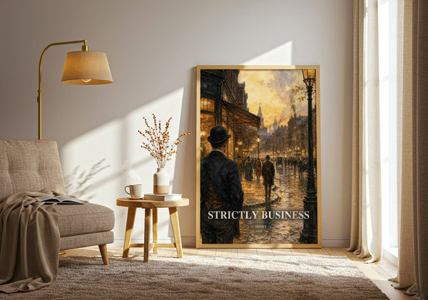 Strictly Business watercolour print in frame leaning in hallway – classic literature wall art