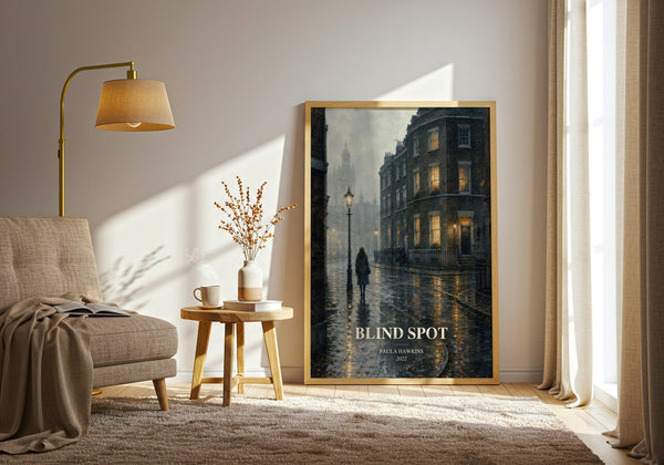 Blind Spot watercolour print in frame leaning in hallway – thriller wall art