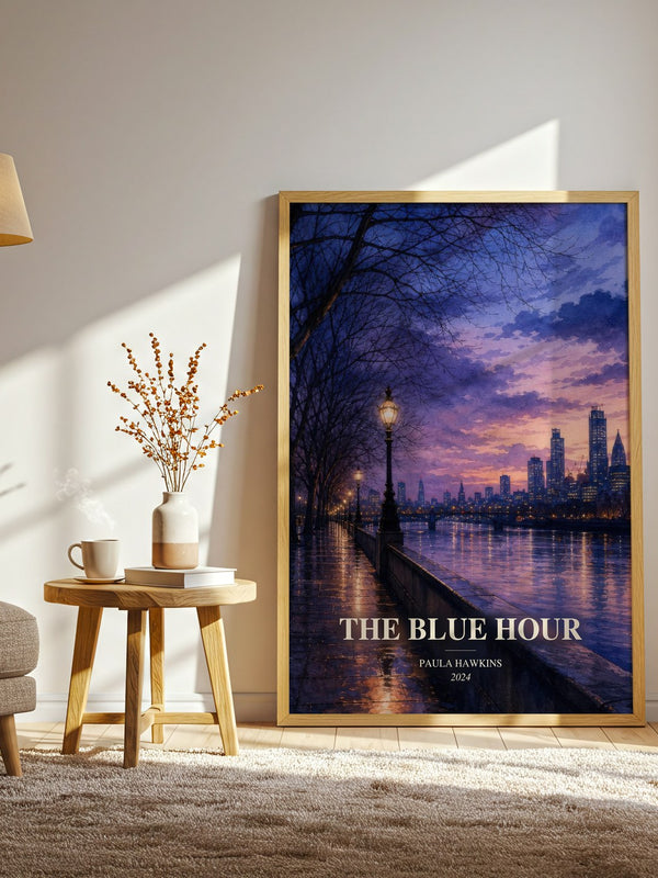 The Blue Hour watercolour print in frame leaning in hallway – thriller wall art