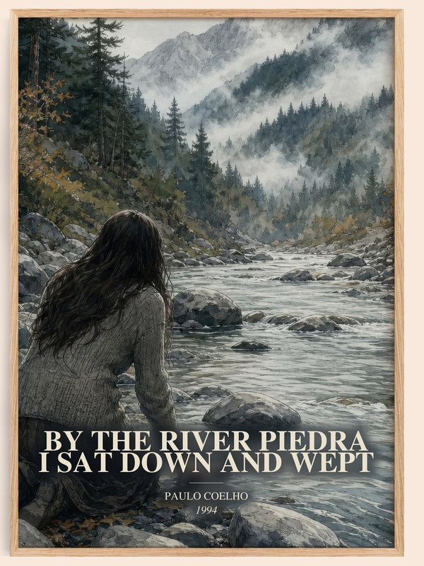 By The River Piedra I Sat Down And Wept watercolour book poster by Paulo Coelho – framed literary art print