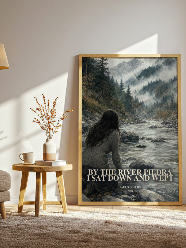 By The River Piedra I Sat Down And Wept watercolour print in frame leaning in hallway – literary fiction wall art