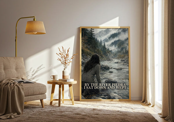 By The River Piedra I Sat Down And Wept watercolour print in frame leaning in hallway – literary fiction wall art