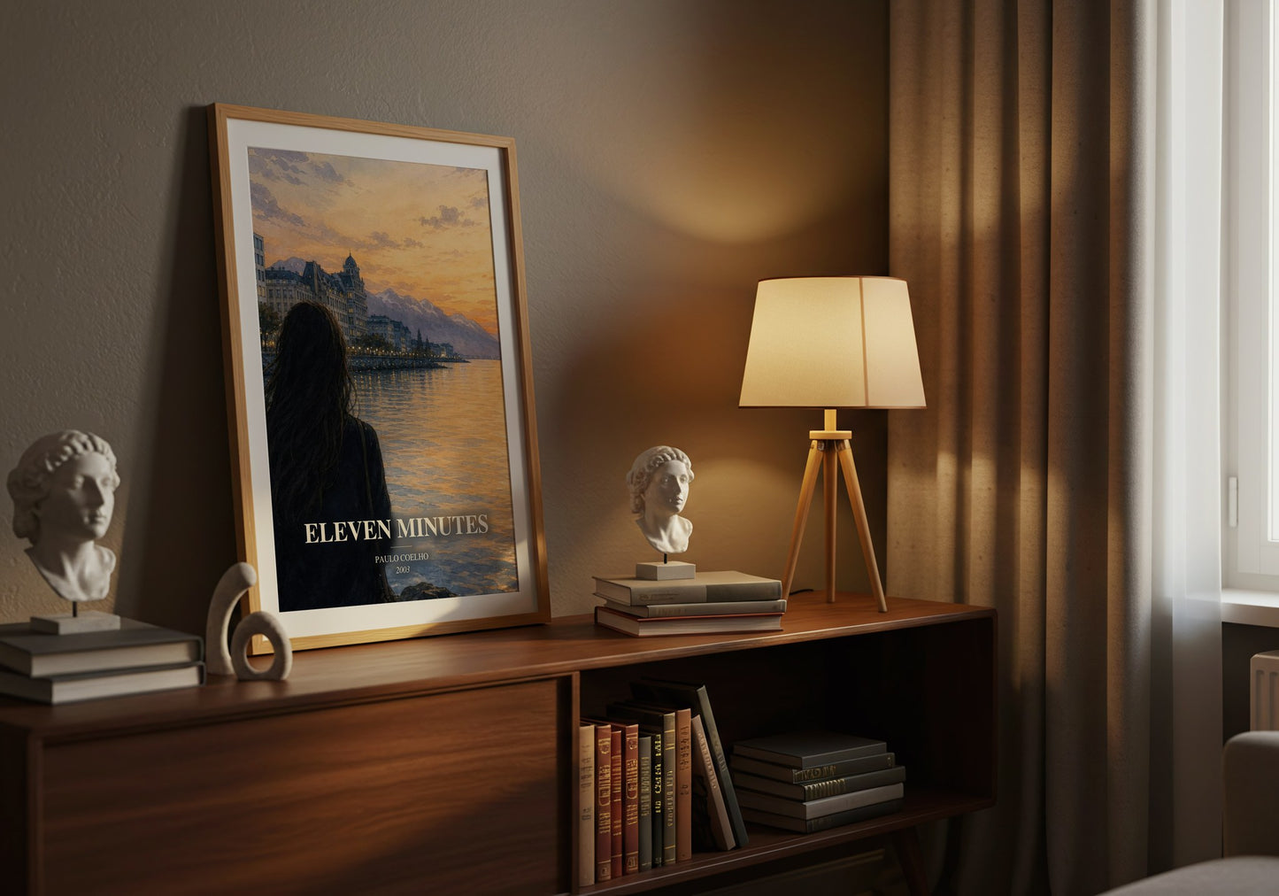 Eleven Minutes watercolour print on bookshelf – Paulo Coelho fan gift