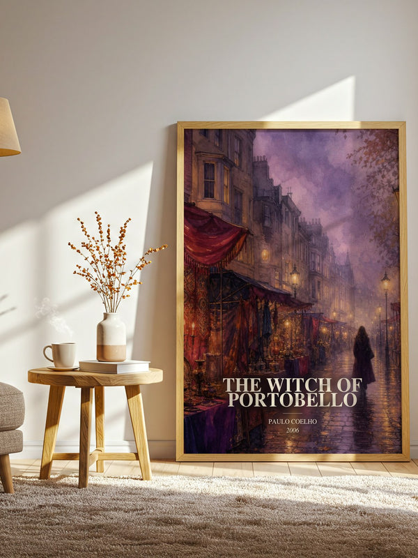 The Witch Of Portobello watercolour print in frame leaning in hallway – literary fiction wall art