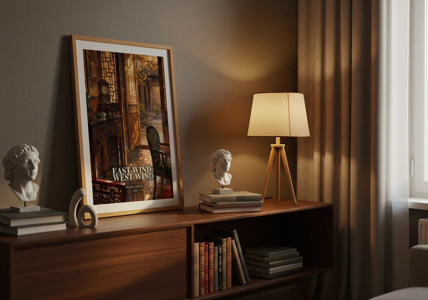 East Wind: West Wind watercolour print on bookshelf – Pearl S. Buck fan gift