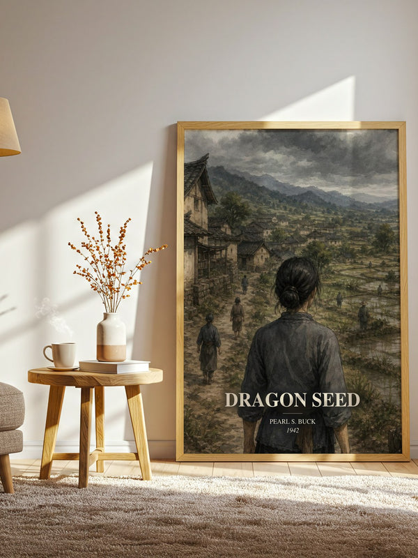 Dragon Seed watercolour print in frame leaning in hallway – historical fiction wall art