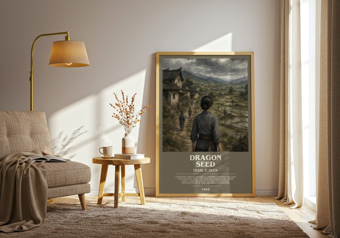 Dragon Seed bookish print on bookshelf – Pearl S. Buck fan gift