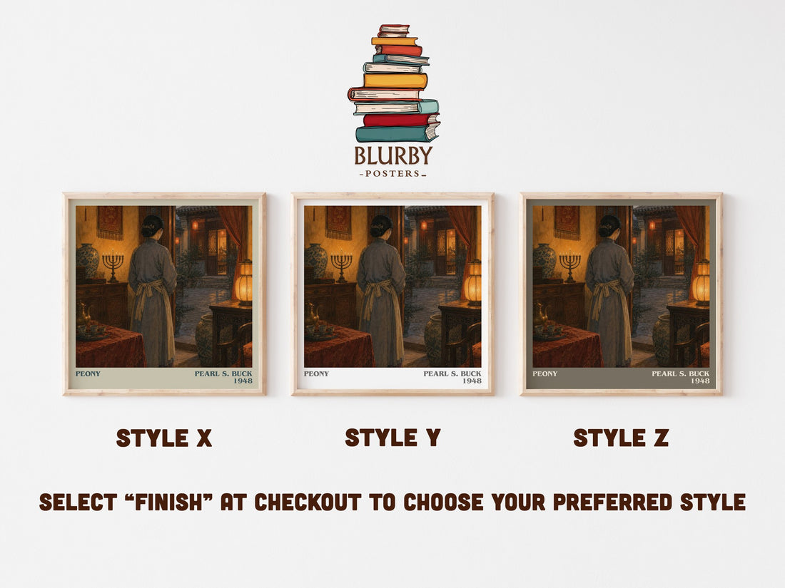 Peony literary print in frame leaning in hallway – historical fiction wall art (mockup)