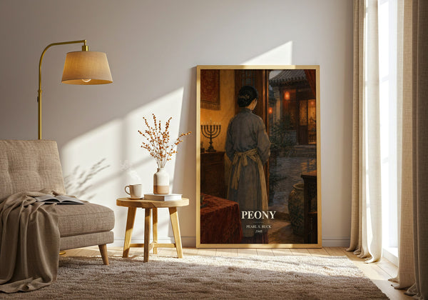 Peony watercolour print in frame leaning in hallway – historical fiction wall art