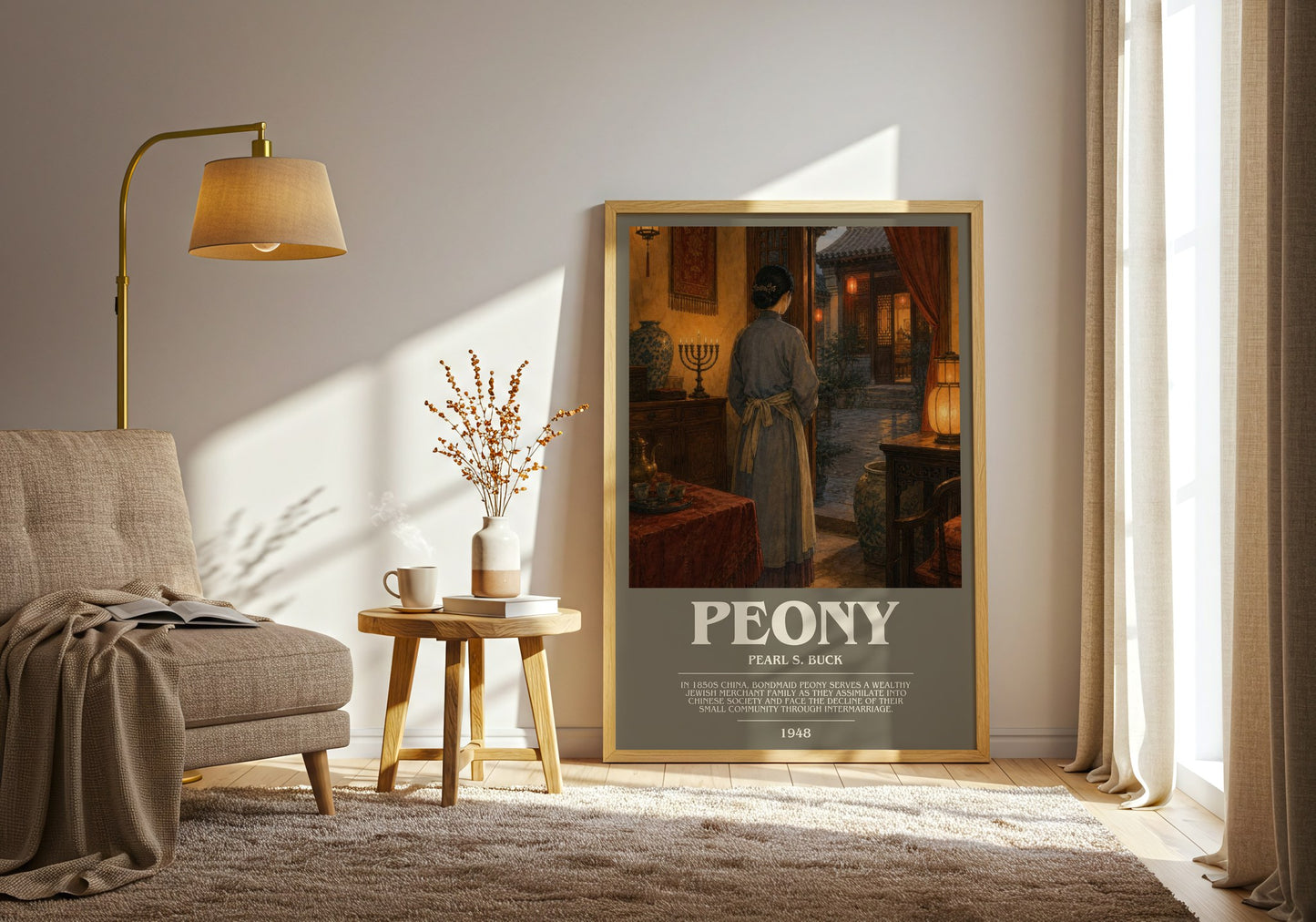 Peony bookish print on bookshelf – Pearl S. Buck fan gift