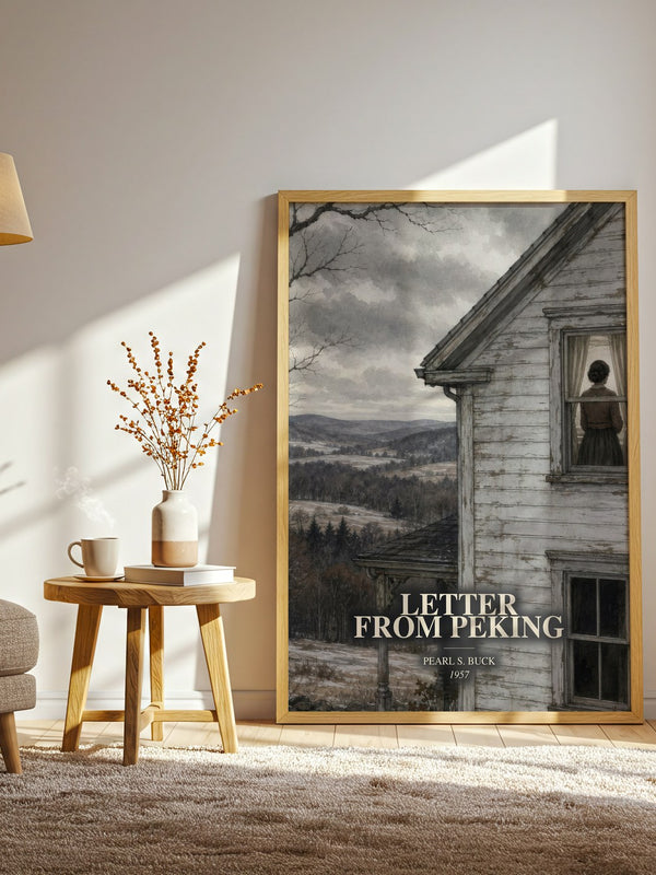 Letter From Peking watercolour print in frame leaning in hallway – literary fiction wall art