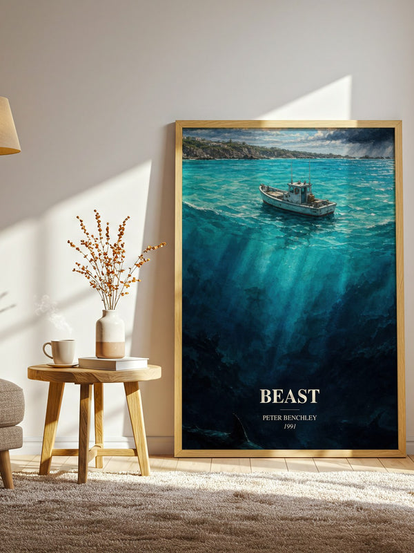 Beast watercolour print in frame leaning in hallway – horror wall art