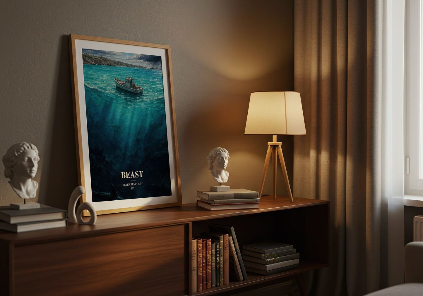Beast watercolour print on bookshelf – Peter Benchley fan gift