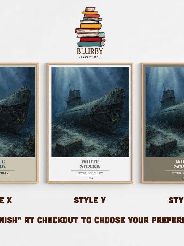 White Shark book cover print in frame leaning in hallway – thriller wall art