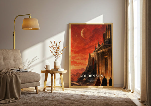Golden Son watercolour print in frame leaning in hallway – sci fi wall art