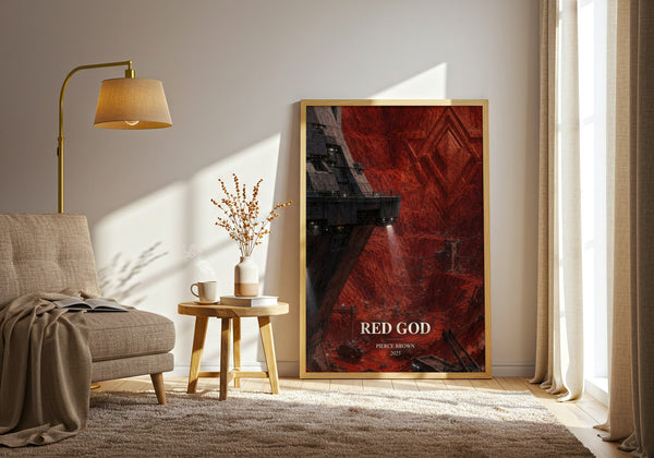 Red God watercolour print in frame leaning in hallway – sci fi wall art