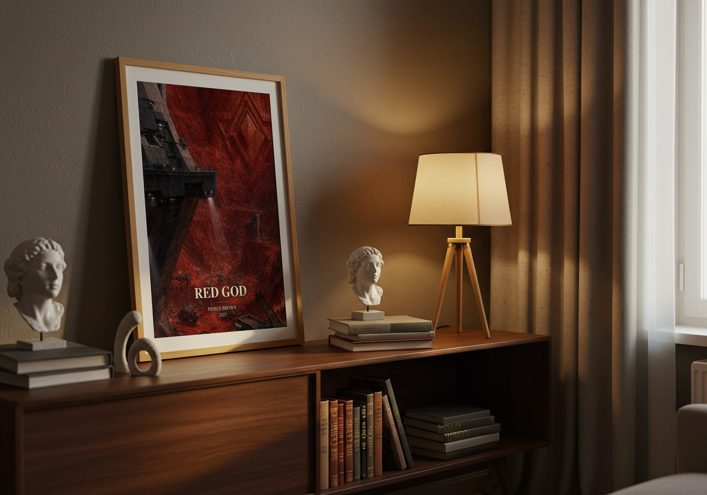 Red God watercolour print on bookshelf – Pierce Brown fan gift
