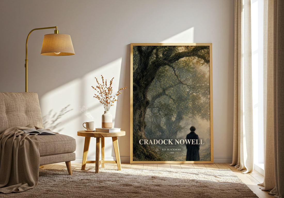 Cradock Nowell watercolour print in frame leaning in hallway – literary fiction wall art (mockup)