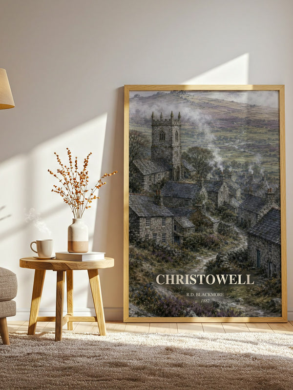 Christowell watercolour print in frame leaning in hallway – historical fiction wall art