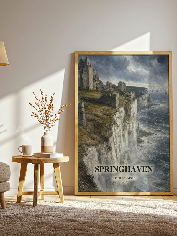 Springhaven watercolour print in frame leaning in hallway – historical fiction wall art
