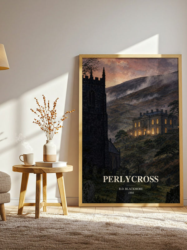 Perlycross watercolour print in frame leaning in hallway – literary fiction wall art