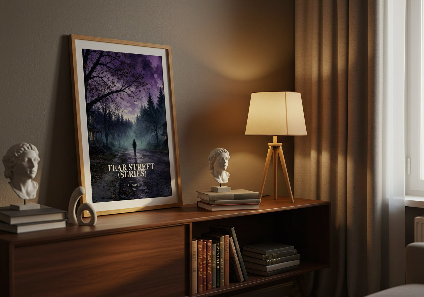 Fear Street (Series) watercolour print on bookshelf – R.L. Stine fan gift