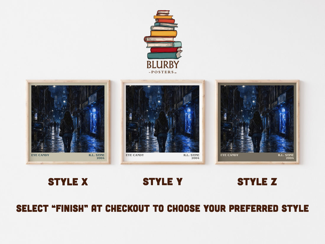 Eye Candy literary print in frame leaning in hallway – thriller wall art (mockup)
