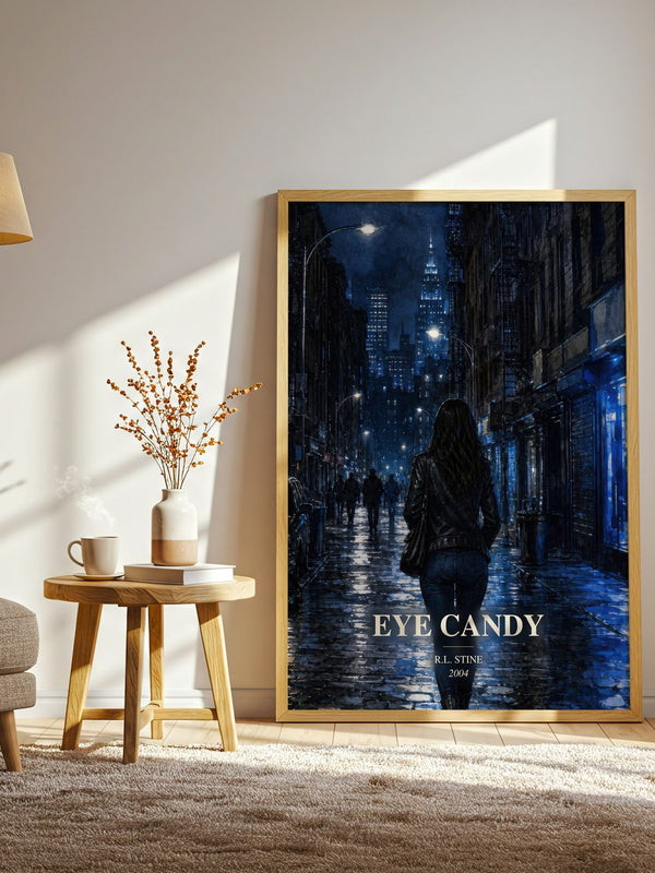 Eye Candy watercolour print in frame leaning in hallway – thriller wall art