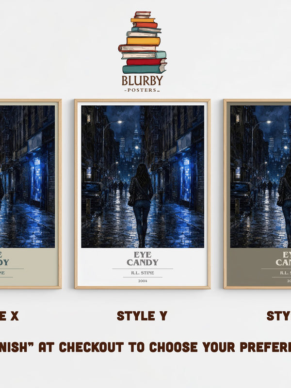 Eye Candy book cover print in frame leaning in hallway – thriller wall art