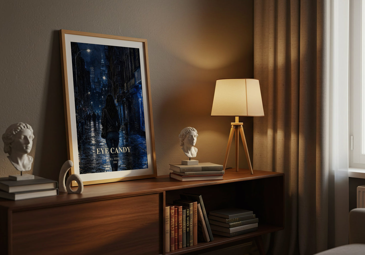Eye Candy watercolour print on bookshelf – R.L. Stine fan gift