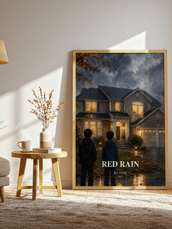 Red Rain watercolour print in frame leaning in hallway – horror wall art