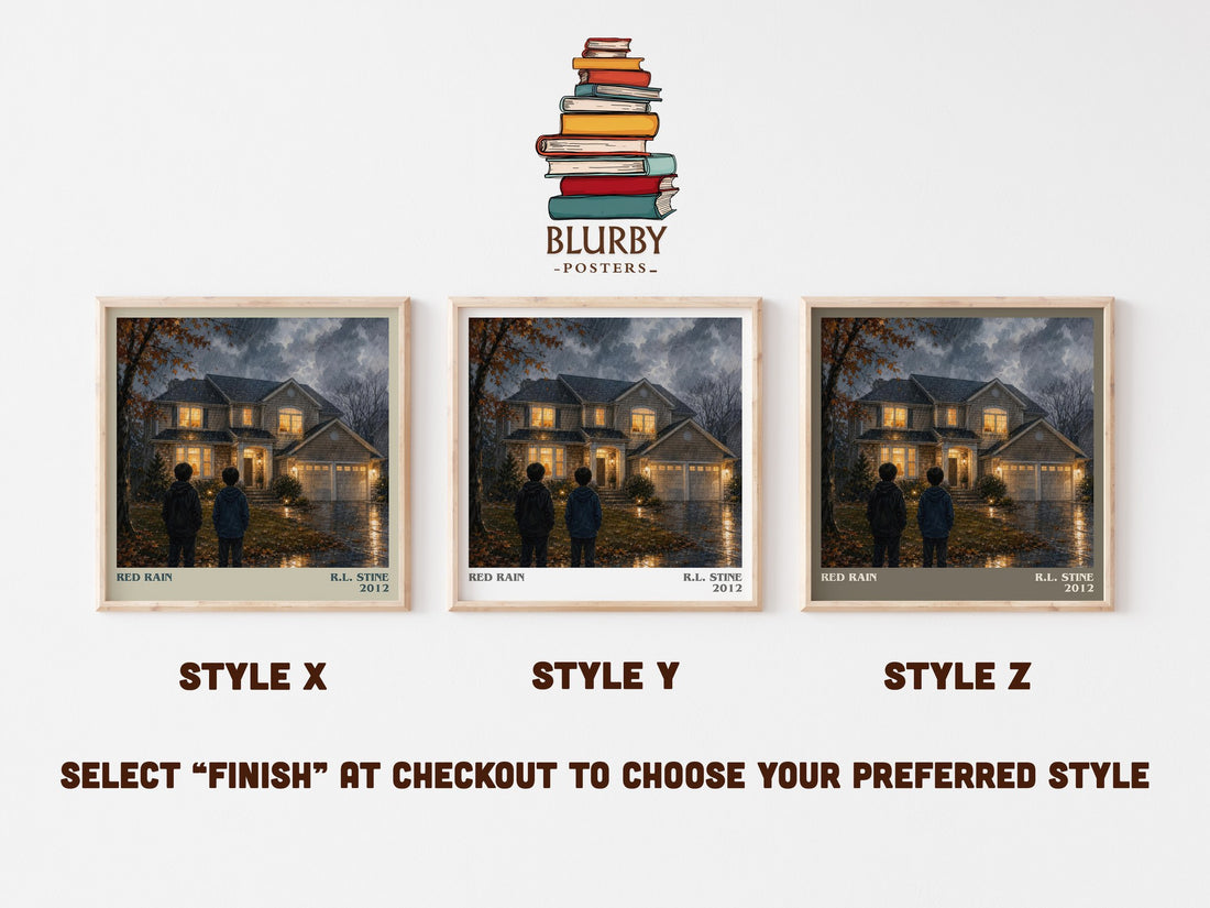 Red Rain literary print in frame leaning in hallway – horror wall art (mockup)