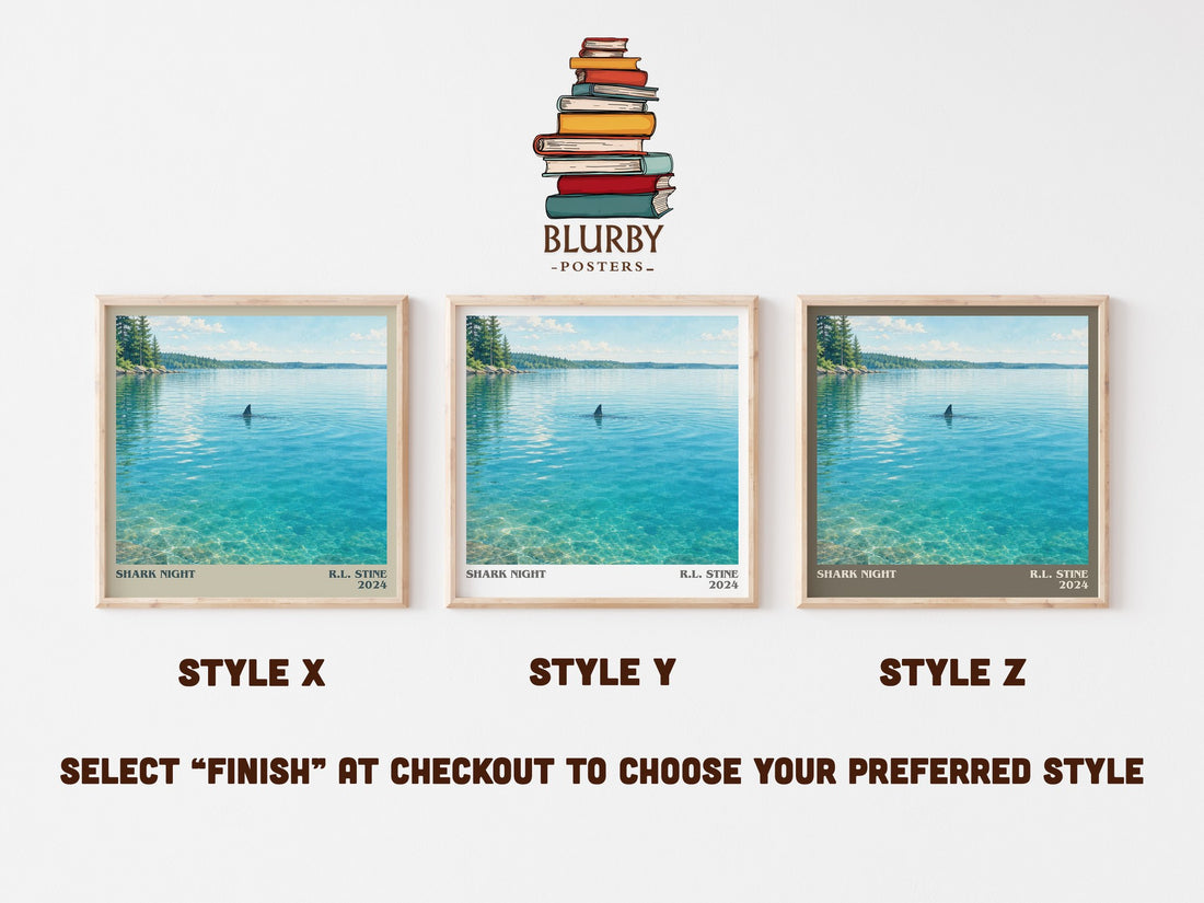 Shark Night literary print in frame leaning in hallway – horror wall art (mockup)