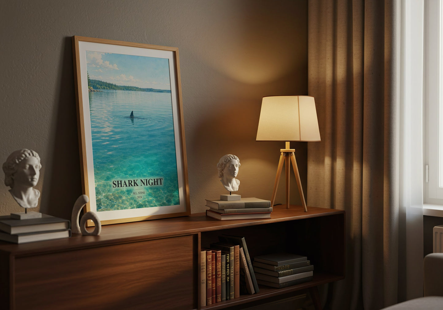 Shark Night watercolour print on bookshelf – R.L. Stine fan gift