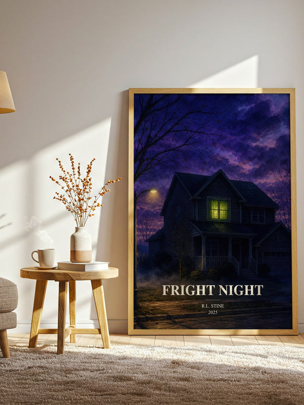 Fright Night watercolour print in frame leaning in hallway – horror wall art