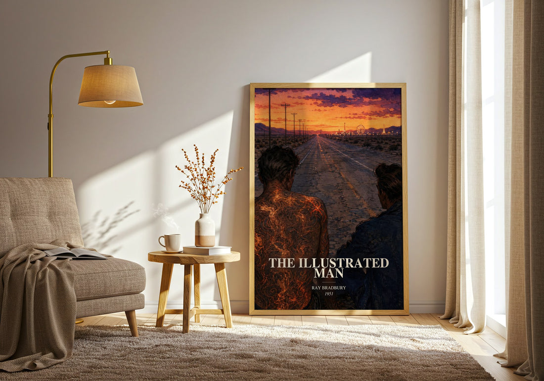 The Illustrated Man watercolour print in frame leaning in hallway – sci fi wall art (mockup)