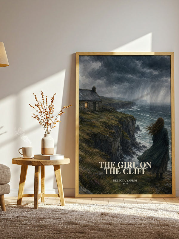 The Girl On The Cliff watercolour print in frame leaning in hallway – romance wall art
