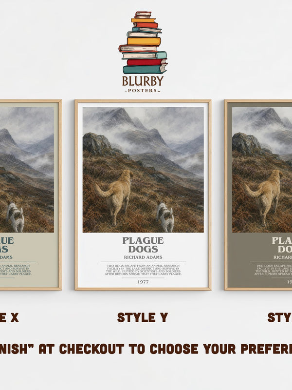 Plague Dogs bookish print in frame leaning in hallway – adventure wall art
